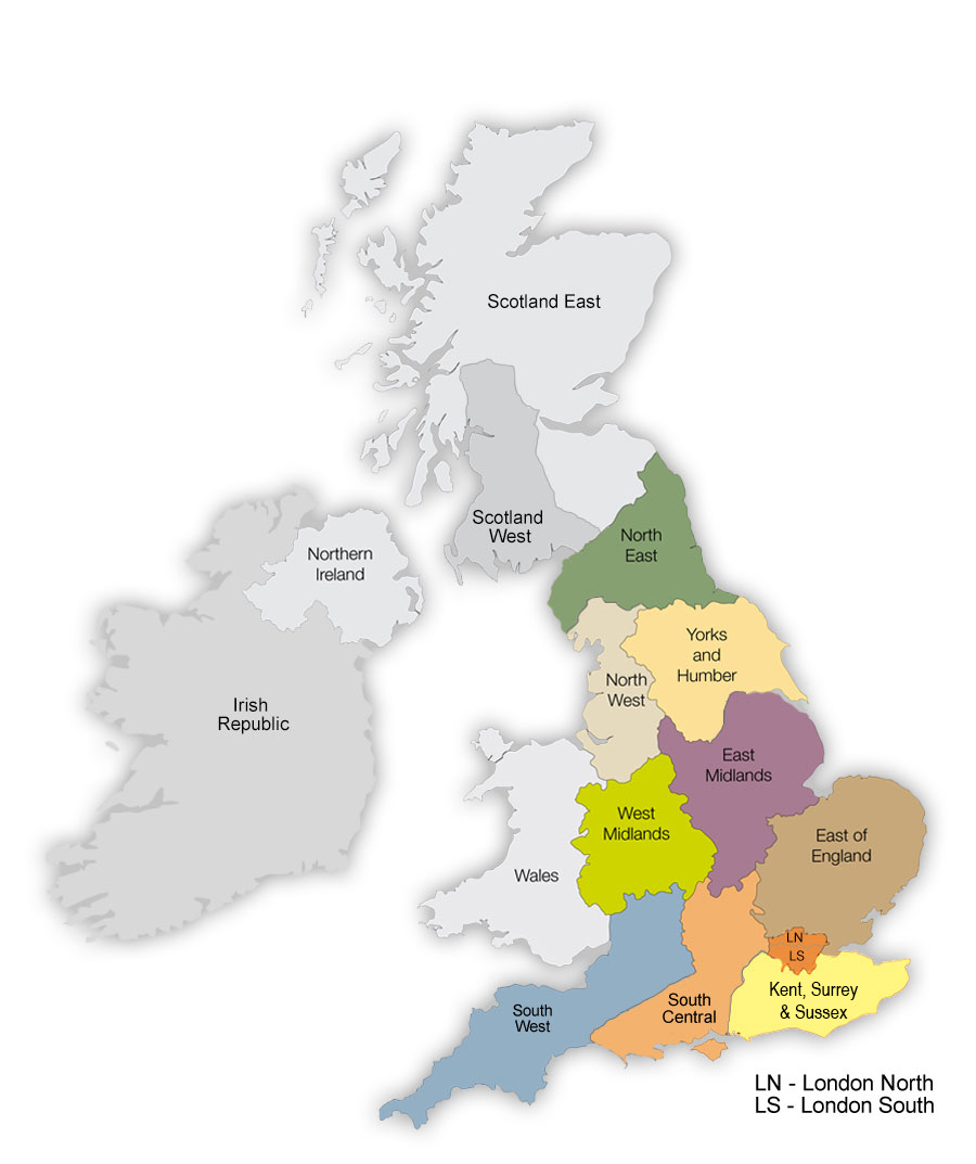 Map showing the regions in Great Britain and Ireland